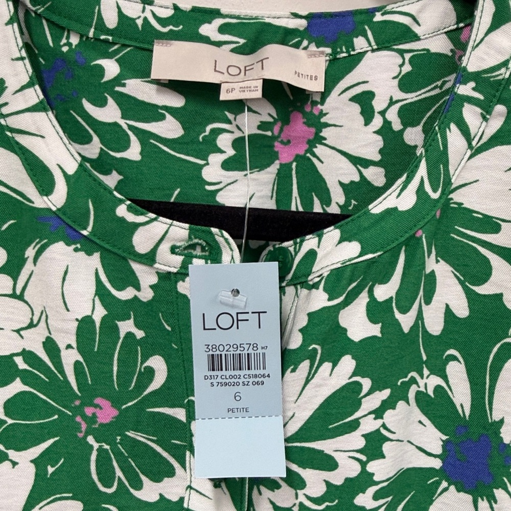 NWT Loft Green Floral Button Front Long Sleeve Dress with Pockets 6P new - Picture 4 of 7